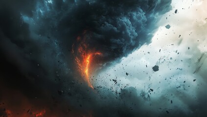 Wall Mural - dark storm clouds, swirling dust particles in the air, and a distant tornado on a white background. 