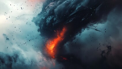 Poster - Dark storm clouds, swirling dust particles in the air, and a distant tornado on a white background. horror, creating a sense of chaos and danger.