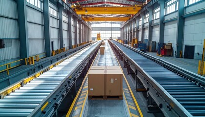 Poster - Modern Warehouse Interior with Conveyor Belts and Cardboard Box