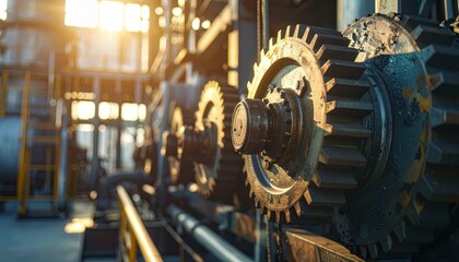 Poster - Industrial Gear System in Mechanic Workshop with Sunset Light