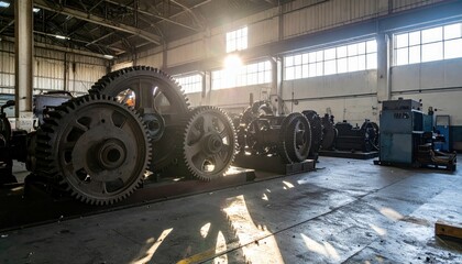 Poster - Industrial Warehouse with Large Gears and Machinery in Sunlight