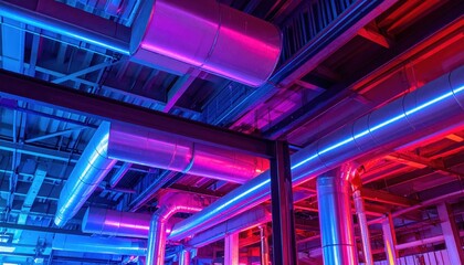 Poster - Industrial Modern Design with Colorful Neon Pipe System Inside Building