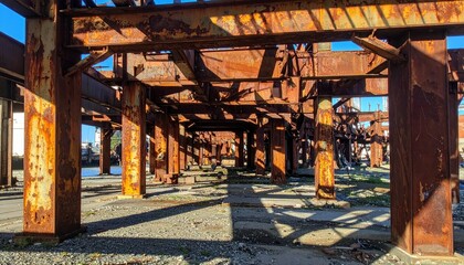 Poster - Abandoned Industrial Space with Rusty Steel Beams and Shadows
