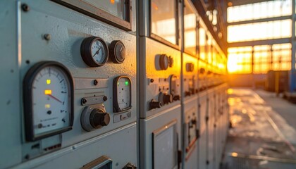 Poster - Control Panel with Instruments at Sunset in Industrial Setting