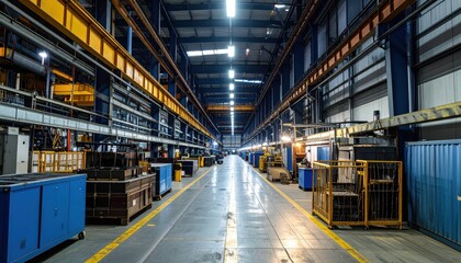 Poster - Bright and Spacious Industrial Warehouse Interior with Machinery