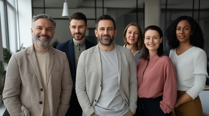 Fototapete - In a contemporary office setting, a diverse group of six business professionals stands together, showcasing confidence and teamwork. They present a unified front, embodying success and collaboration
