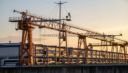 Poster - Industrial Crane Equipment at Sunset in Manufacturing Facility