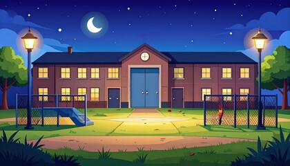 Poster - Nighttime Scene of School Building with Moon and Street Lamps