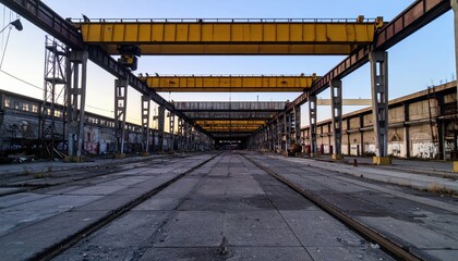 Poster - Industrial Warehouse Interior with Empty Space and Yellow Cranes