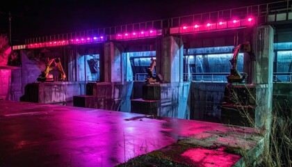 Poster - Vibrant Nighttime View of Hydraulic Structure with Colorful Lights