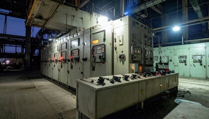 Poster - Industrial Control Room with Machinery and Low Light Conditions