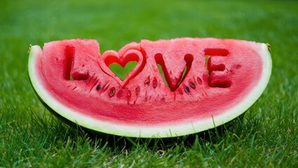 Poster - Watermelon cut in half with the word love carved into it.