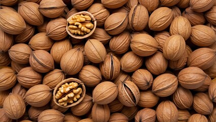Aufkleber - A close-up view of a pile of whole almonds in their shells, with one open to reveal the nut inside.