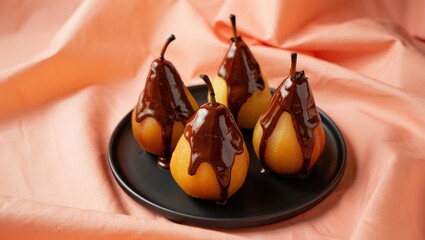 Poster - Four chocolate-covered pears on a black plate.