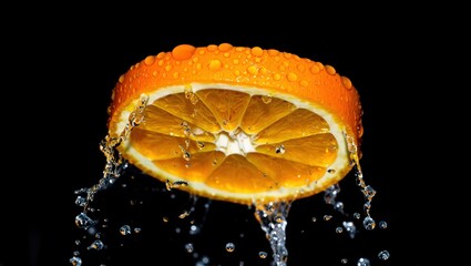 Fototapete - A slice of orange being squeezed, releasing juice droplets.