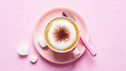 Poster - A cup of coffee with whipped cream on top, sitting on a pink saucer next to two pink spoons.