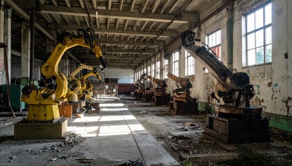 Poster - Abandoned Warehouse with Industrial Robotic Arms in Decay