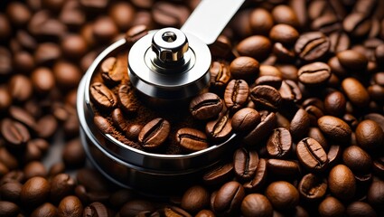Poster - Coffee beans in a grinder, ready to be ground for coffee.