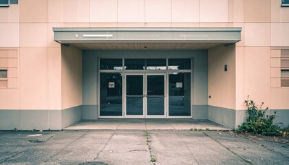 Poster - Abandoned Building Entrance with Empty Parking Lot and Faded Walls