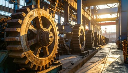 Poster - Industrial Factory Interior with Large Gears and Morning Light
