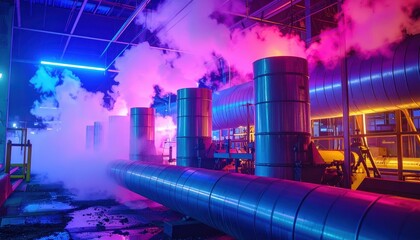 Poster - Industrial Steam Machinery with Colorful Lighting and Smoke Effects