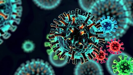 Aufkleber - Vibrant 3d render of various viruses showcasing the dynamic interaction between different viral particles, depicting concepts of vaccination and immunity