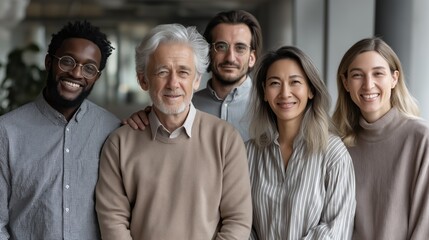 Poster - A group of five diverse individuals smiles warmly, showcasing camaraderie and teamwork in a bright, contemporary office setting. Their joyful expressions reflect a collaborative atmosphere