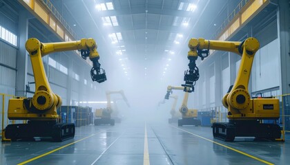 Poster - Industrial Robots in Foggy Warehouse with Modern Automation Technology