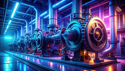 Poster - Industrial Machinery with Gears and Pipes in Neon Lighting Environment