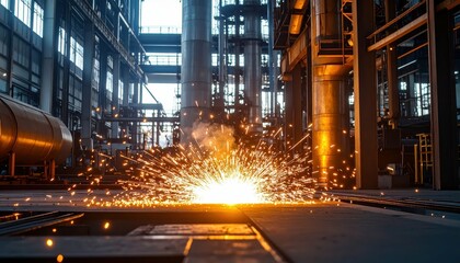 Poster - Sparks Erupting in Industrial Factory with Heavy Machinery and Equipment