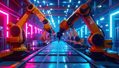 Poster - Futuristic Industrial Robotics in Neon-lit Factory Environment