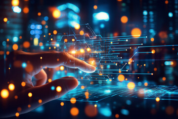 Fototapete - hand is pointing at a computer screen with a blue and orange background. Concept of technology and innovation, as the hand is reaching out to interact with the digital world