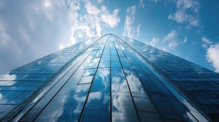 Poster - Modern Glass Skyscraper with Sharp Reflections Against Blue Sky