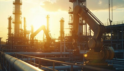 Poster - Industrial Landscape with Robotic Arms at Sunset in Oil Refinery