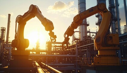 Poster - Industrial Robotic Arms Working in Manufacturing Setting at Sunset