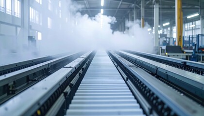 Poster - Industrial Manufacturing Track Surrounded by Mist in Factory Setting