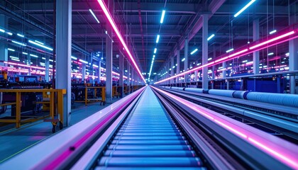 Poster - Futuristic Warehouse Interior with Neon Lights and Conveyor Belts