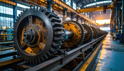Poster - Industrial Gear Wheels in a Factory Setting with Sunset Lighting