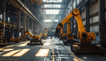 Poster - Industrial Robotics Assembly Line with Yellow Robotic Arms