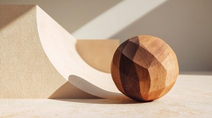 Poster - Wooden Geometric Sphere on Soft Cream Background with Shadows
