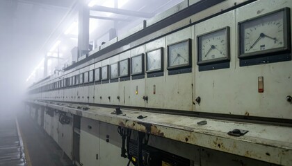 Poster - Control Panel Rows in Industrial Warehouse Under Low Visibility Conditions