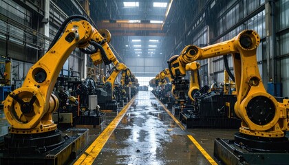 Poster - Industrial Robots in Rainy Factory Setting with Yellow Arms