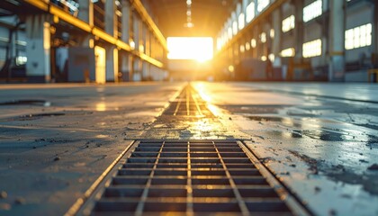 Poster - Industrial Warehouse Interior at Sunset with Sunlight Streaming In