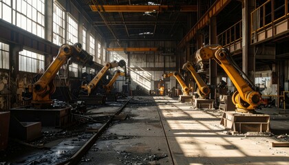 Poster - Abandoned Industrial Space with Robotic Arms and Dusty Floor