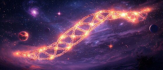 Wall Mural - Surreal image of a galaxy shaped like a DNA double helix with glowing strands of DNA forming stars planets and galaxies The entire cosmic scene is illuminated by the radiant genetic structure