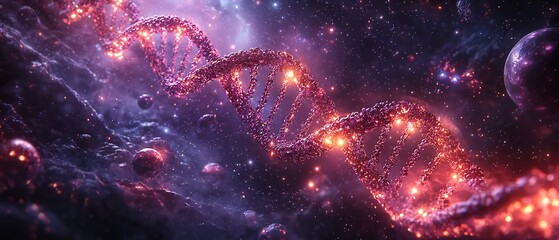 Surreal visualization of DNA strands merging into a galaxy with glowing genetic helixes spiraling and forming stars planets and nebulae The image blends the microscopic world with cosmic elements