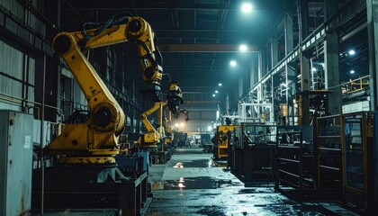 Poster - Industrial Robotics in Action at Night in a Manufacturing Facility