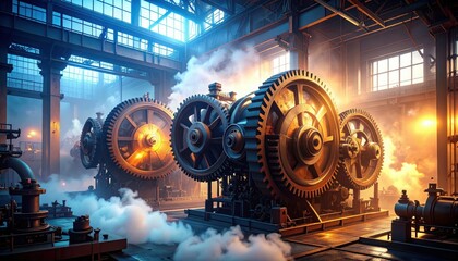 Poster - Industrial Revolution Machinery with Gears and Steam in Factory