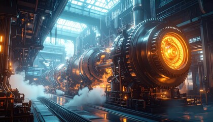 Poster - Futuristic Industrial Scene with Large Mechanical Engine in Factory