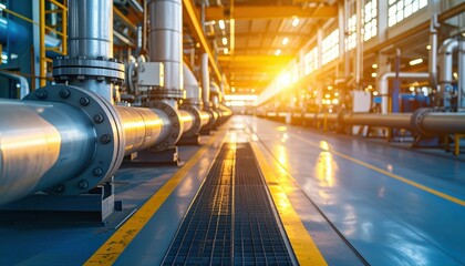 Poster - Industrial Pipeline System with Sunset Glow in Manufacturing Facility